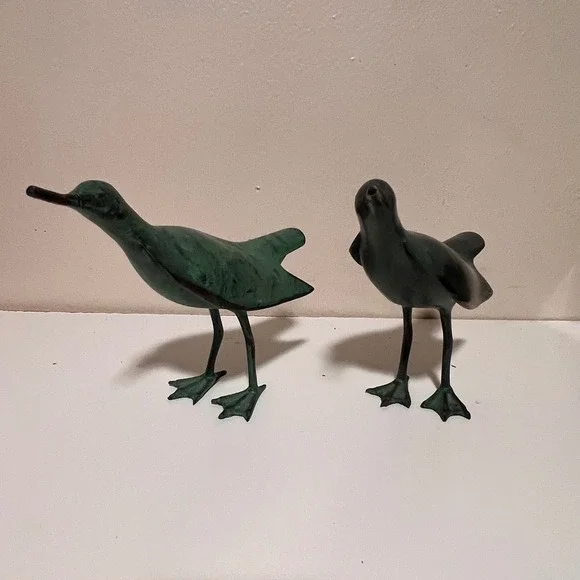 Vintage Pair Bronze Shorebird Figurines Green Verdigris Patina Coastal Decor MCM - Picture 2 of 9